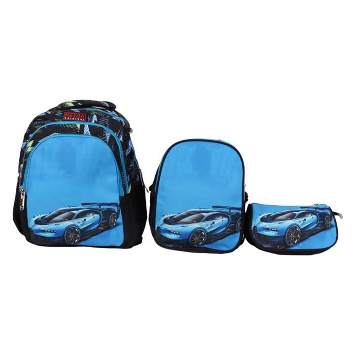 کوله پشتی مدل پسرانه طرح بوگاتی به همراه کیف غذا و جامدادی کد 200